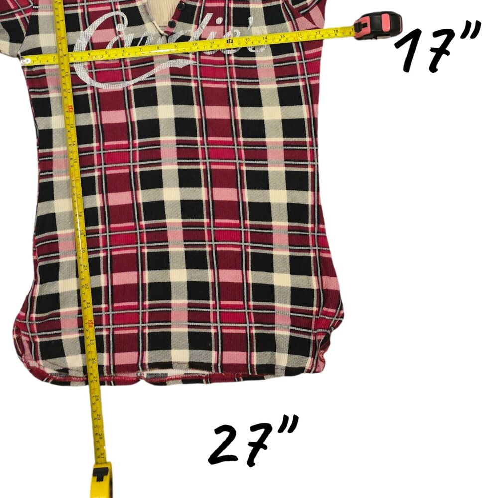 Candie’s Plaid Hooded Pullover Top Red Black White Women’s Large - Picture 2 of 6